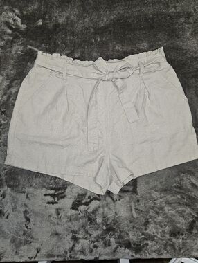 Simply Blessed Tan Paperbag Waist Women’s Linen Blend Shorts Coastal Chic Medium